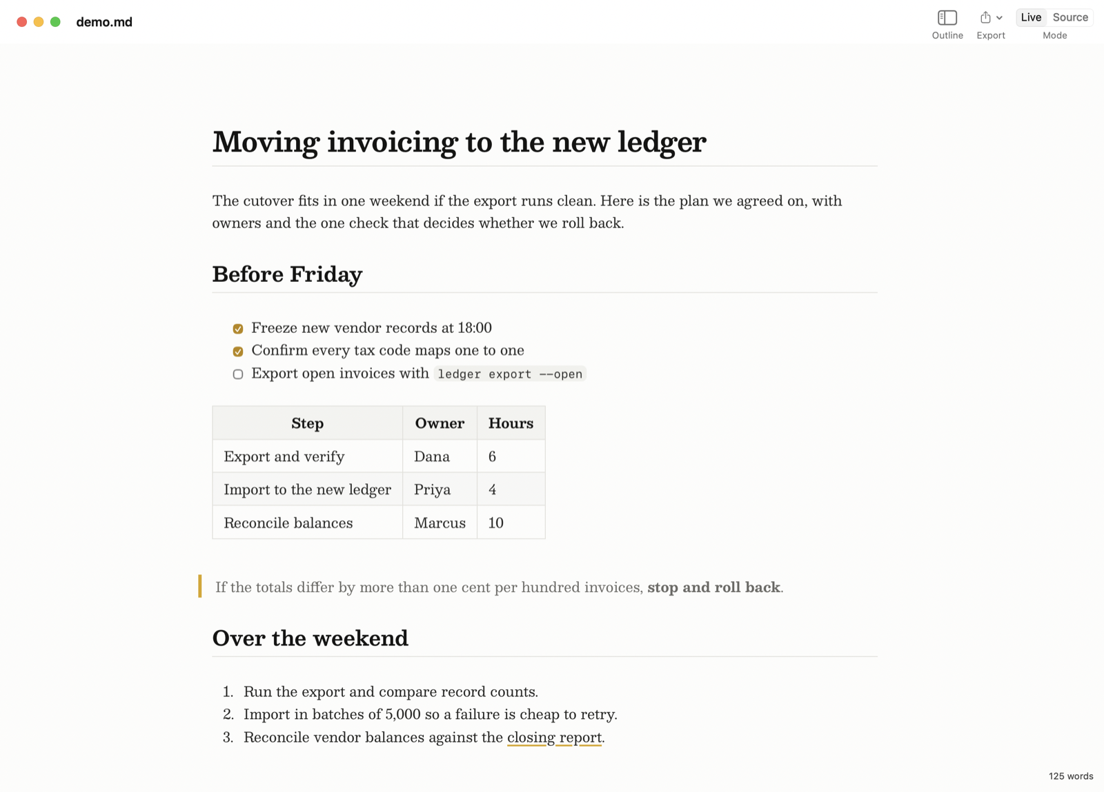 Inkwell showing a Markdown plan for an invoicing cutover: a heading, a checklist, a table of owners and hours, and a quote.